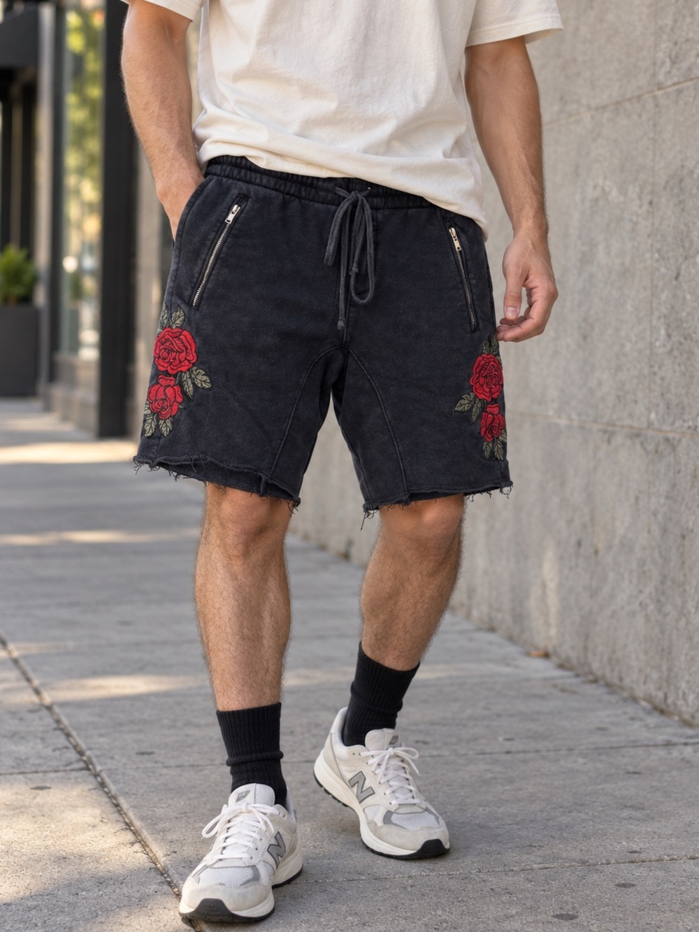 PacSun Black Men's Shorts with Red Rose Embroidery